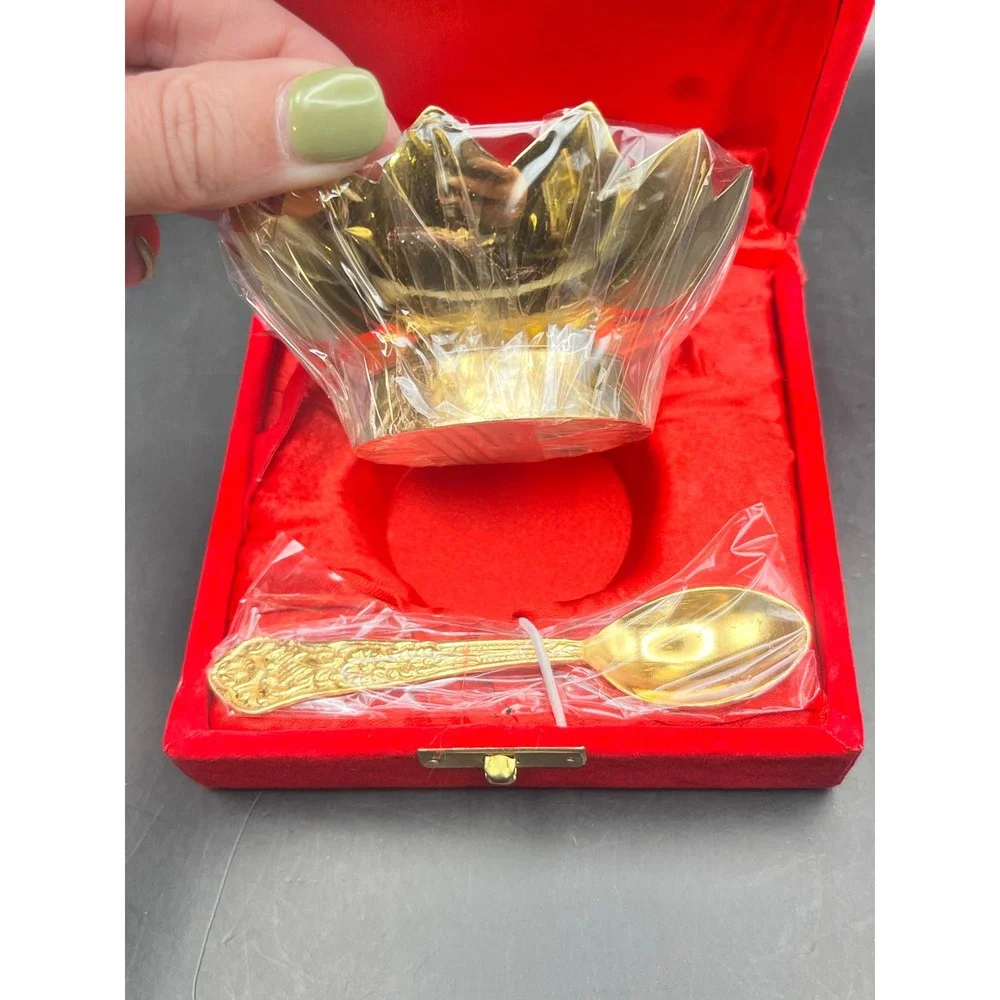 VTG Gold & Silver Plated Lotus Gift Bowl And Spoon Velvet Box W/ Metal‎ Latch